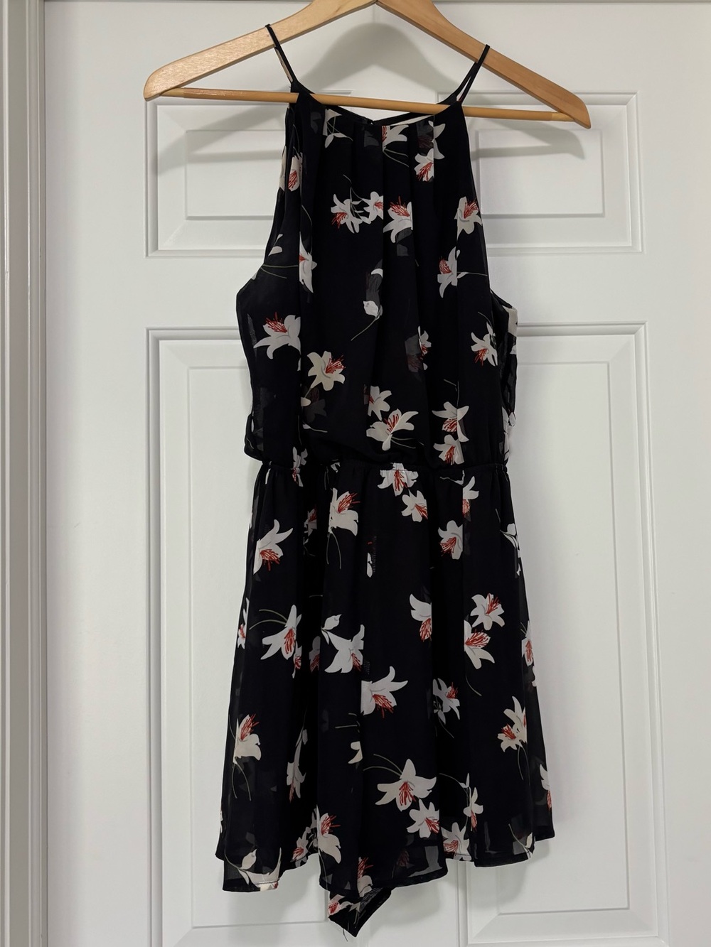Lush Black Floral High-Neck Halter Romper Dress